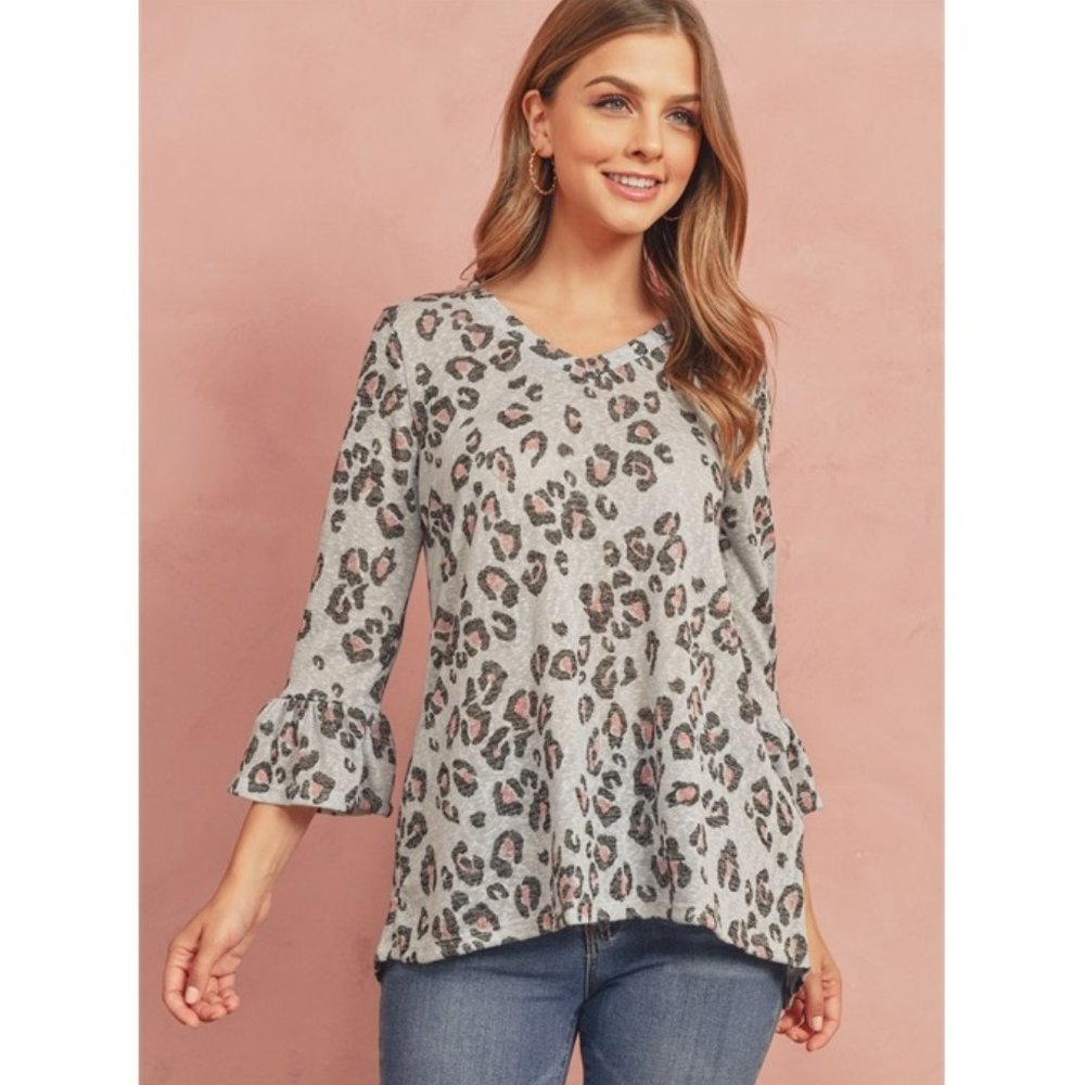 Leopard Print 3/4 Bell Sleeve Top